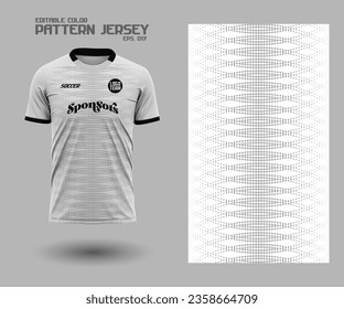 Grey white t-shirt sport design template with abstract halftone pattern for soccer jersey. Sport uniform in front view. Shirt mock up for sport club. Vector Illustration