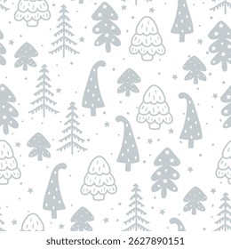 Grey and white winter forest Scandinavian seamless pattern. Vector silver New Year print, cute Christmas tree background, funny spruce texture with fir tree for paper, fabric, season decor, gift wrap.