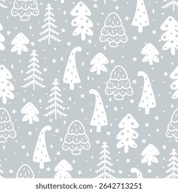 Grey and white winter forest Scandinavian seamless pattern. Vector white and silver New Year print, cute Christmas tree background, funny spruce texture with fir tree for paper, fabric, season decor.