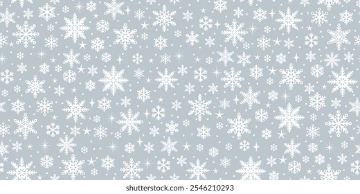 Grey and white winter snowflake vector repeat pattern, seamless repeating background illustration, holiday wallpaper