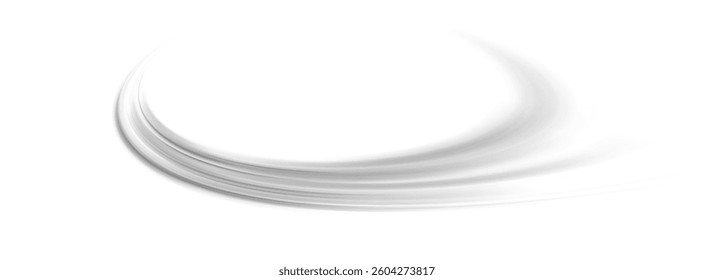 Grey wind line element. Light gris curve speed effect. Air stream flow wavy motion trace. Blowing wind wave concept. Swoosh and swirl stripe path design illustration. Vector grey swirl element
