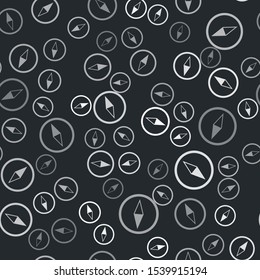 Grey Wind rose icon isolated seamless pattern on black background. Compass icon for travel. Navigation design.  Vector Illustration