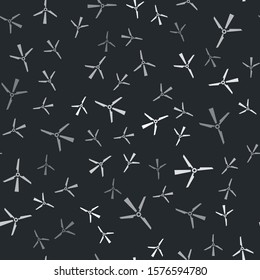 Grey Wind turbine icon isolated seamless pattern on black background. Wind generator sign. Windmill silhouette. Windmill for electric power production.  Vector Illustration