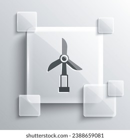 Grey Wind turbine icon isolated on grey background. Wind generator sign. Windmill for electric power production. Square glass panels. Vector