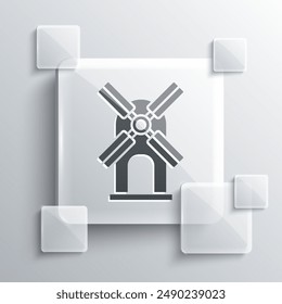 Grey Wind turbine icon isolated on grey background. Wind generator sign. Windmill for electric power production. Square glass panels. Vector