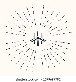 Grey Wind turbines icon isolated on beige background. Wind generator sign. Windmill silhouette. Windmills for electric power production. Abstract circle random dots. Vector Illustration