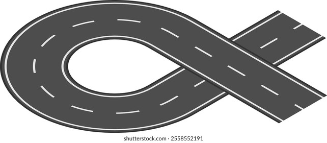 Grey winding road with white dashed lines forming an infinity symbol representing infinite possibilities, continuous improvement, or endless journey