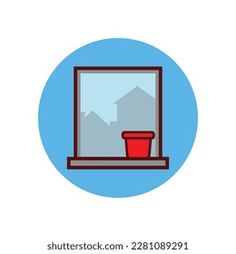 grey window and empty red flowerpot with neighbor house silhouette vector illustration