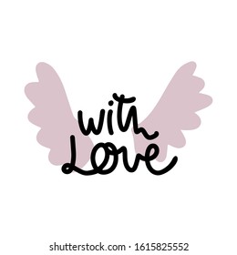 Grey wings and lettering With Love. Valentines day greeting card. Vector illustration EPS 10.