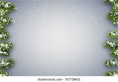 Fondo de invierno gris con ramas de abetos y nieve. Ilustración vectorial de Navidad.