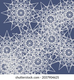 Grey Winter Indigo Dark Calm Ice Lace Mystery Pattern. Blue Mandala Silver Frost Complicated Ornamental White Vintage Illustration. Stars Cold Pastel Print Light Luxury Folk Chaotic Background.