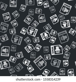Grey WMA file document. Download wma button icon isolated seamless pattern on black background. WMA file symbol. Wma music format sign.  Vector Illustration