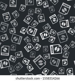 Grey WMA file document. Download wma button icon isolated seamless pattern on black background. WMA file symbol. Wma music format sign.  Vector Illustration