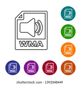 Grey WMA file document icon. Download wma button line icon isolated on white background. WMA file symbol. Wma music format sign. Set icon in color circle buttons. Vector Illustration