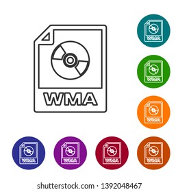Grey WMA file document icon. Download wma button line icon isolated on white background. WMA file symbol. Wma music format sign. Set icon in color circle buttons. Vector Illustration