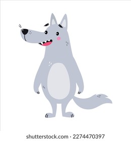 Grey Wolf Character with Pointed Muzzle Standing and Smiling Vector Illustration