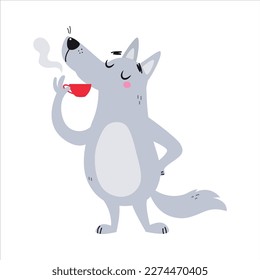 Grey Wolf Character with Pointed Muzzle Drinking Hot Steaming Tea with Cup Vector Illustration