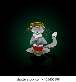 Grey Wolf with dreadlocks playing on the African ethnic drum. Rastafarian illustration - character for a party or jam.
