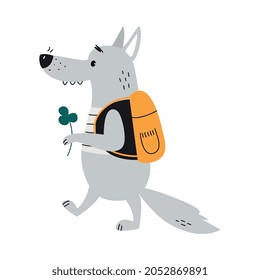 Grey Wolf as Forest Animal Walking with Backpack Holding Flower with Its Paw Vector Illustration