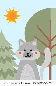 Grey wolf in forest banner. Predator and dangerous animal sits next to trees. Forest dweller, wild life and fauna, mammal. Biology and zoology. Cartoon flat vector illustration