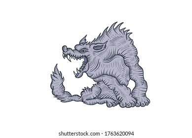 The grey wolf growls . Cartoon illustration on a white background. Engraving. Print. Sketch for a tattoo.