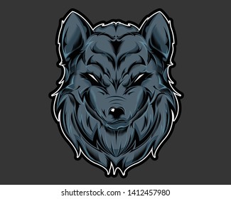 Grey wolf head logo design. Wolf design in tattoo style. Wolf head graphic design.