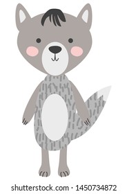 grey wolf isolated on white background. Concept for children design, baby shower card. Cute forest animals in scandinavian and folk style.