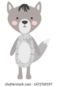 grey wolf isolated on white background. Concept for children design, baby shower card. Cute forest animals in scandinavian and folk style.