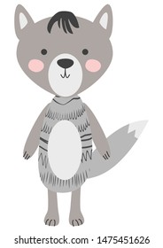 grey wolf isolated on white background. Concept for children design, baby shower card. Cute forest animals in scandinavian and folk style.