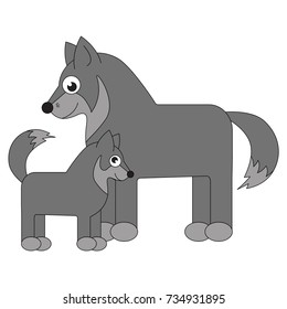 Grey Wolf Mother and Child cartoon. Outlined illustration with thin line black stroke