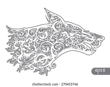 Grey wolf outline stylized head profile isolated on white in vector. Made by floral elements. Works well as a tattoo,  icon, emblem, totem, print or mascot.