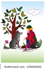 Grey Wolf talking with young man. Vector illustration for russian fairy tale about Ivan Tsarevich, Firebird and Grey Wolf.