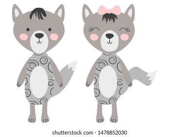 grey wolfs isolated on white background. Cute forest animals in scandinavian and folk style. Scandinavian style flat design.