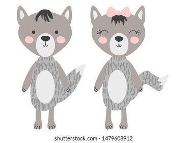grey wolfs isolated on white background. Cute forest animals in scandinavian and folk style. Scandinavian style flat design.