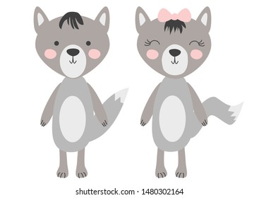 grey wolfs isolated on white background. Cute forest animals in scandinavian and folk style. Scandinavian style flat design.