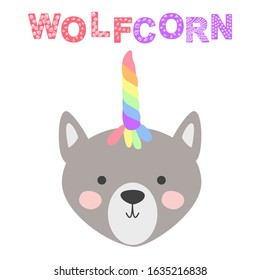 grey wolf-unicorn isolated on white background. Concept for children design, baby shower card. Cute forest animals in scandinavian and folk style.