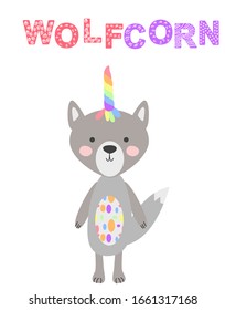 grey wolf-unicorn isolated on white background. Concept for children design, baby shower card. Cute forest animals in scandinavian and folk style.