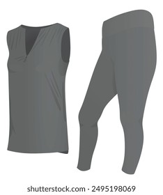 Grey woman v neck t shirt and leggings. vector