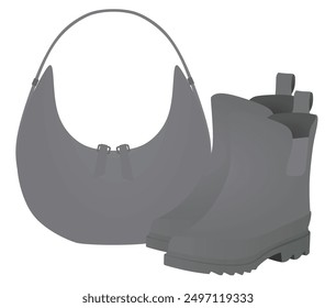 Grey women boots and handbag. vector illustration