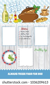 Grey wood background for food template with cartoon illustrations and text blocks, menu board