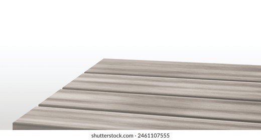 Grey wood table top surface with corner angle view on white background. Realistic 3d vector illustration of empty rustic kitchen wooden desk. Textured countertop board for product presentation.