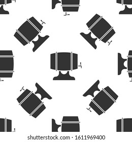 Grey Wooden barrel on rack with stopcock icon isolated seamless pattern on white background.  Vector Illustration