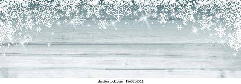 Grey wooden Christmas banner with white snowflakes. Merry Christmas and Happy New Year greeting banner. Horizontal new year background, headers, posters, cards, website.Vector illustration