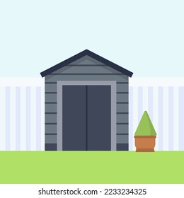 Grey wooden enclosed shed on green grass, white fence. Garden lodge. Element of the backyard, garden. Vector illustration in flat style.