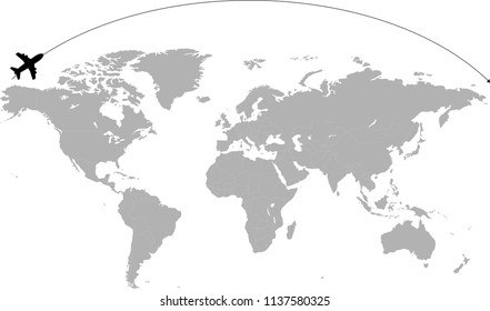 Grey world map with a airplane