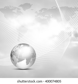 Grey world map background with globe - global network, connection and communication business concept