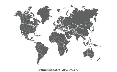 Grey world map with clean lines, suitable for both professional and personal use.