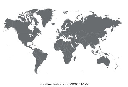 Mapa del mundo gris con países aislados en un fondo blanco. Mapa del mundo político. Ilustración del vector