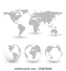 Grey World Map and Globes vector Illustration