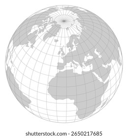 Grey world map with grid line point on Europe and view from outer space. Vector Map Illustration.	